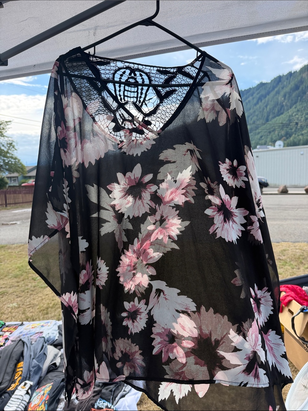 Lane Bryant Sheer Black Blouse with Pink Floral Lace Back